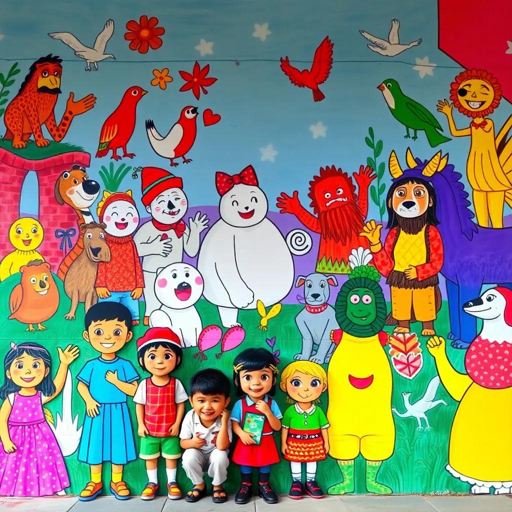 A vibrant mural created by the children, displaying all the folklore characters they represented, showcasing colors and creativity, a sense of accomplishment and pride, digital art, bright, high quality