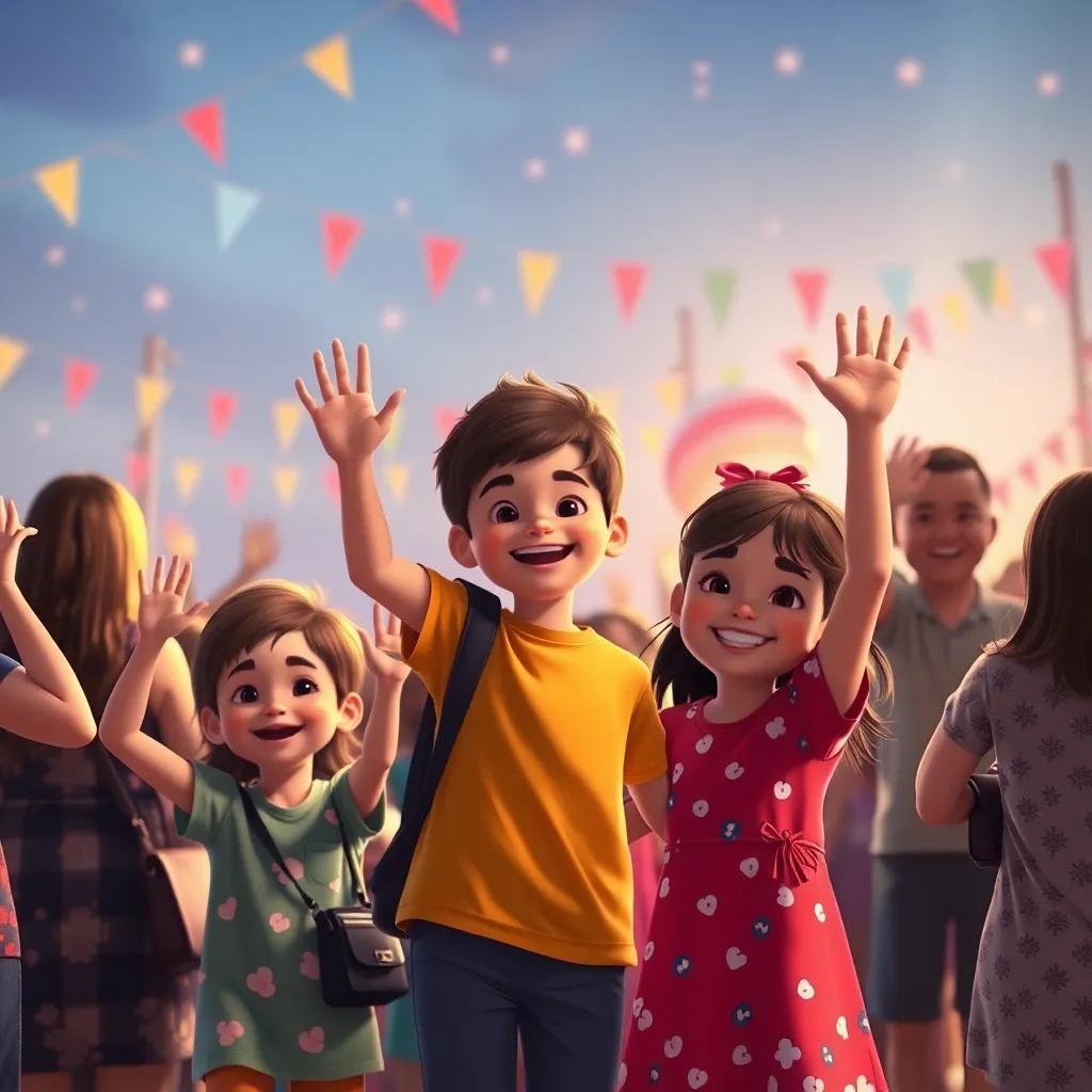 A joyful conclusion scene of the festival, with children waving goodbye, their hearts full, surrounded by supportive families and friends, capturing a moment of shared culture and appreciation, digital art, heartwarming, high quality