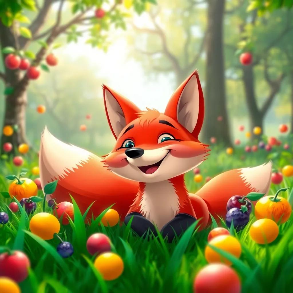 A cheerful red fox, cheerful expression, surrounded by colorful fruits, in a green meadow, sunlight filtering through trees, detailed digital art, vibrant colors, inviting atmosphere, high quality
