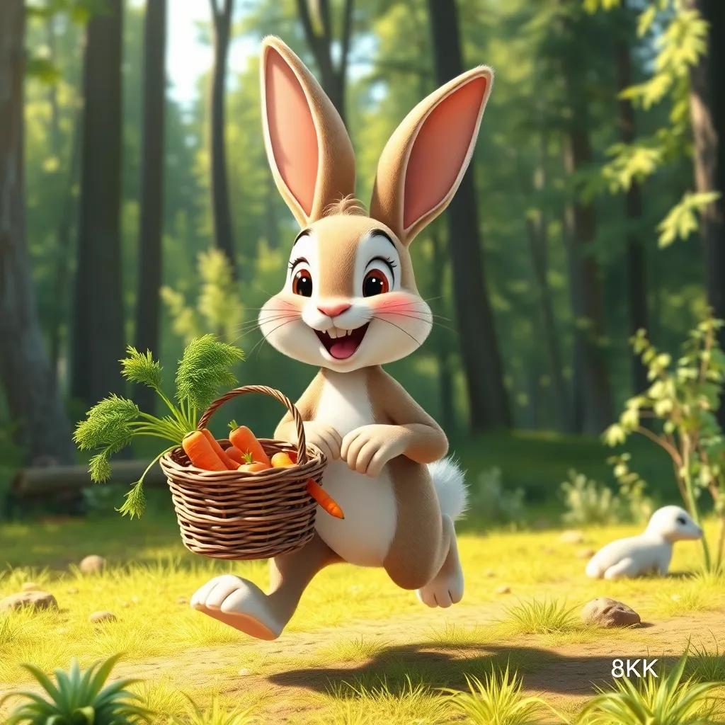 A hopping cute rabbit, carrying a basket of fresh, crunchy carrots, a big smile, rosy cheeks, in a sunny forest clearing, detailed digital art, bright colors, cheerful mood, high quality