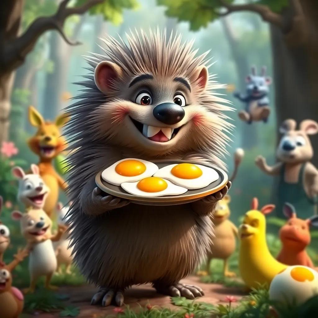 A sturdy porcupine with a playful grin, holding a plate of varied fried eggs, surrounded by excited animals, lively forest background, whimsical style, bright colors, high quality