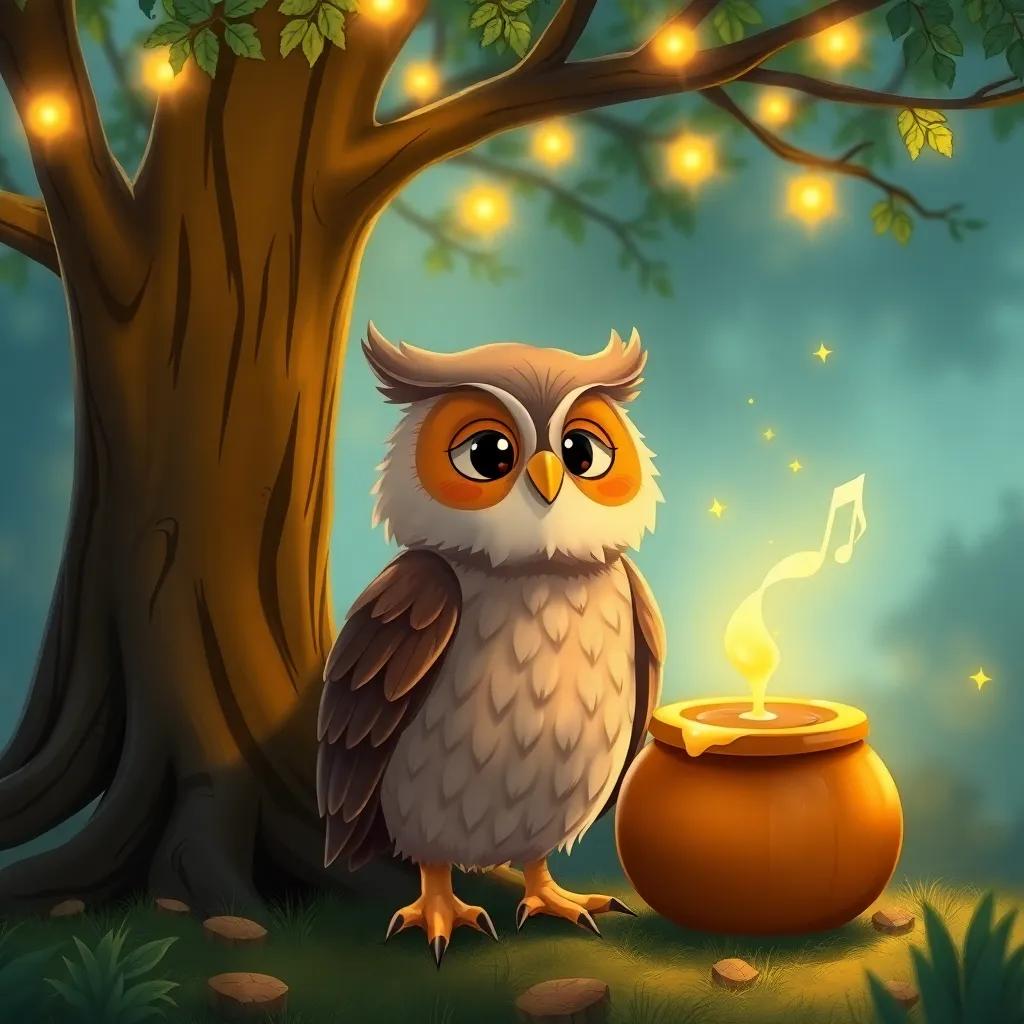 A wise, friendly owl, singing a sweet song, with a pot of honey, under a tree with sparkling lights, in the forest, charming illustration, warm colors, heartwarming scene, high quality