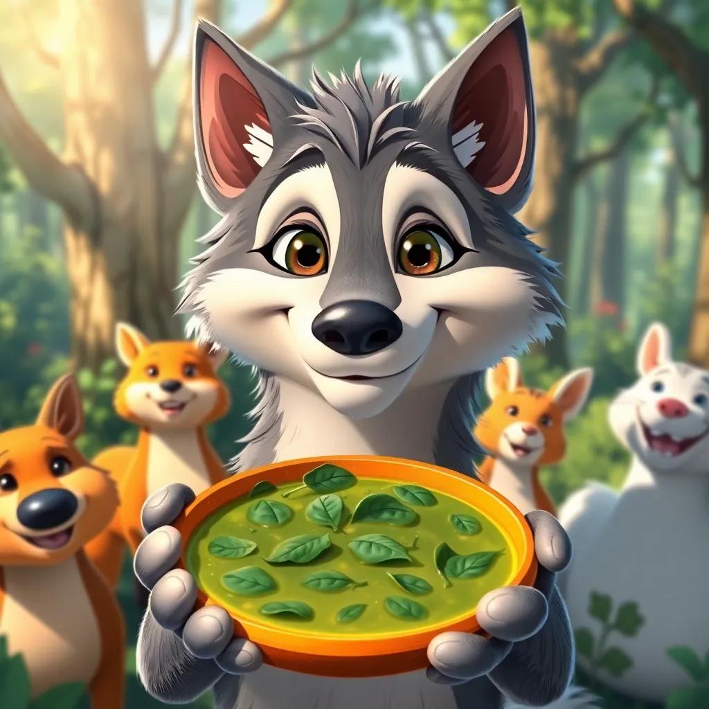 A cool wolf with a gentle smile, offering a bowl of spinach soup, cheerful animal friends around, in a sunny, animated forest, delightful art, lively atmosphere, high quality