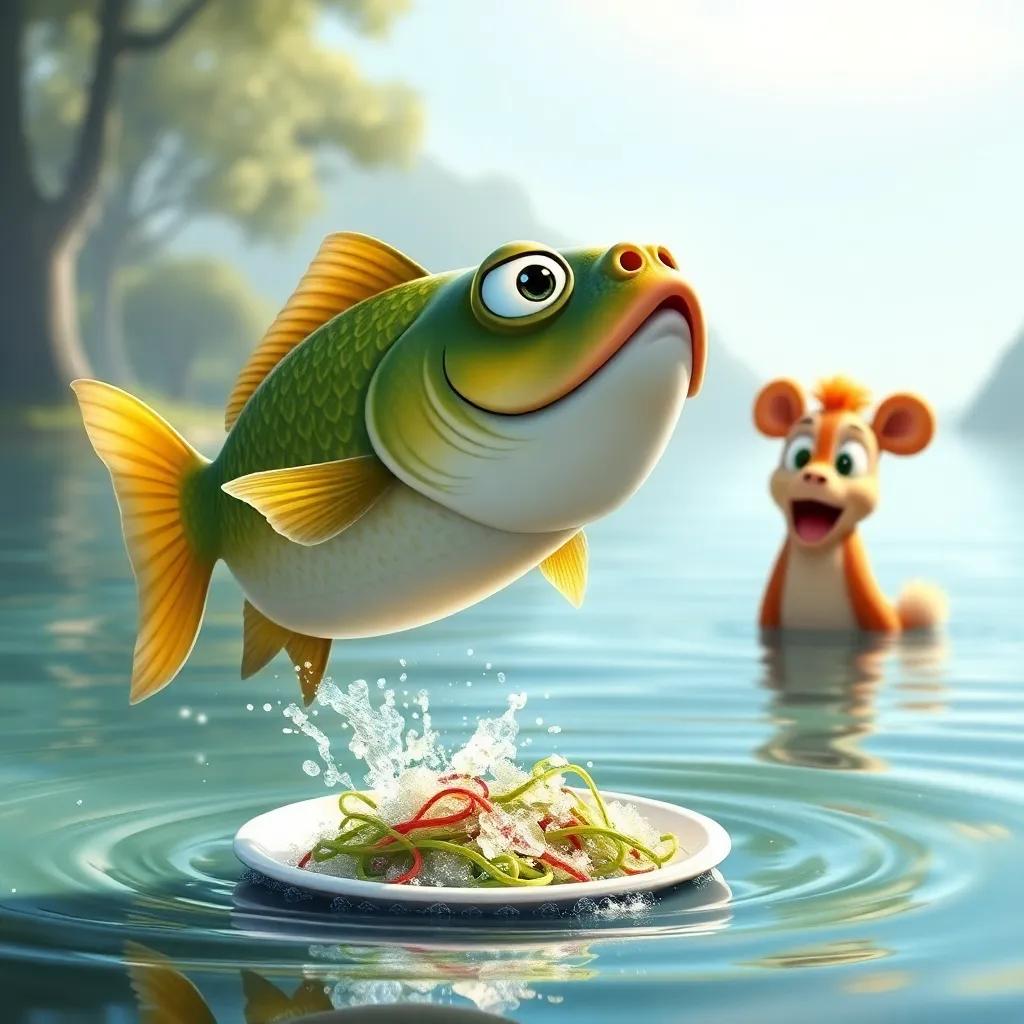 A curious fish, jumping out of the water, with a plate of seaweed, wide, amazed animal friends looking on, lake scene with sparkling water, colorful digital art, cheerful mood, high quality