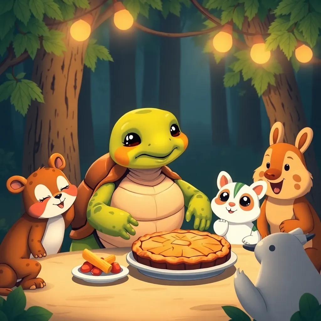 A slow turtle, taking her time with a lovingly baked pie, ready to share with her animal friends, surrounded by a joyful feast, inviting forest setting, cute illustration, warm colors, high quality