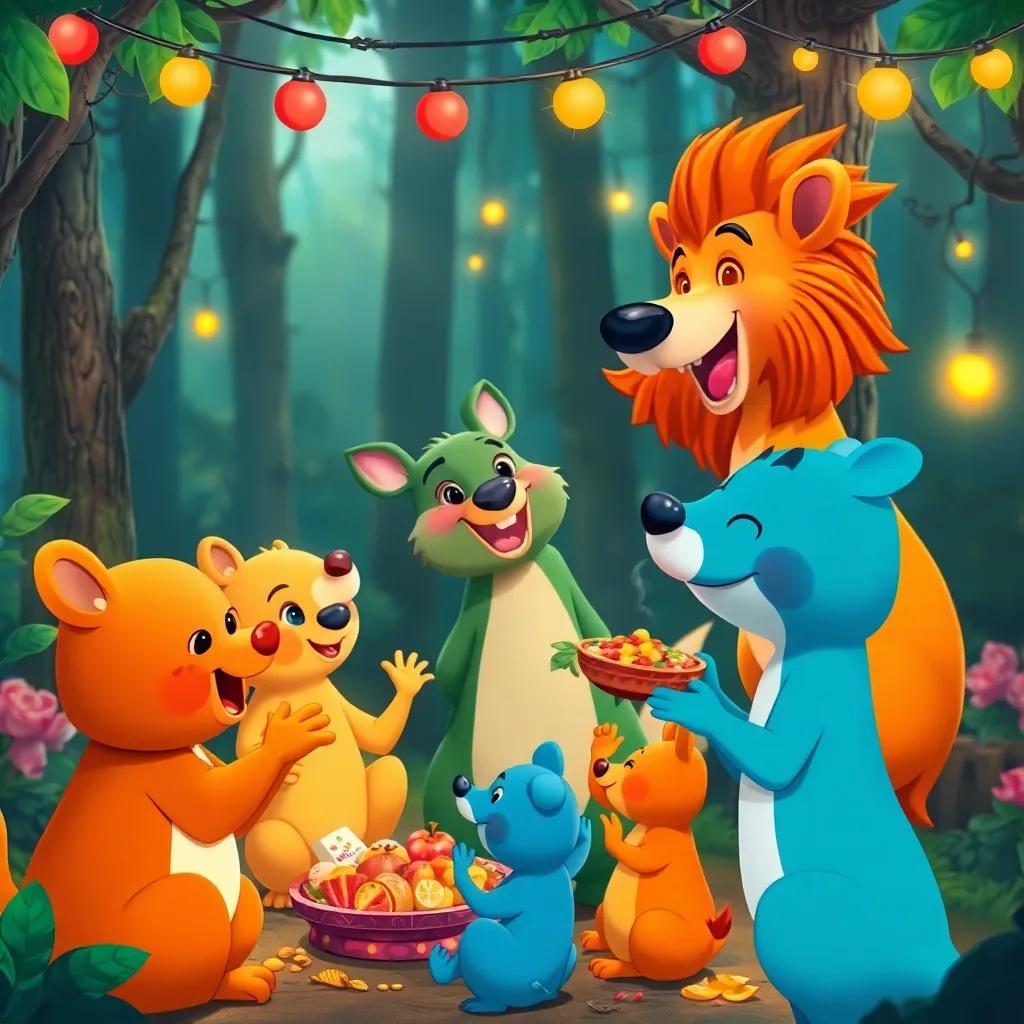 Animals of the forest dancing, sharing their food, colorful feast, light decorations, festive mood, animated characters, joy in the forest, lively digital art, high quality