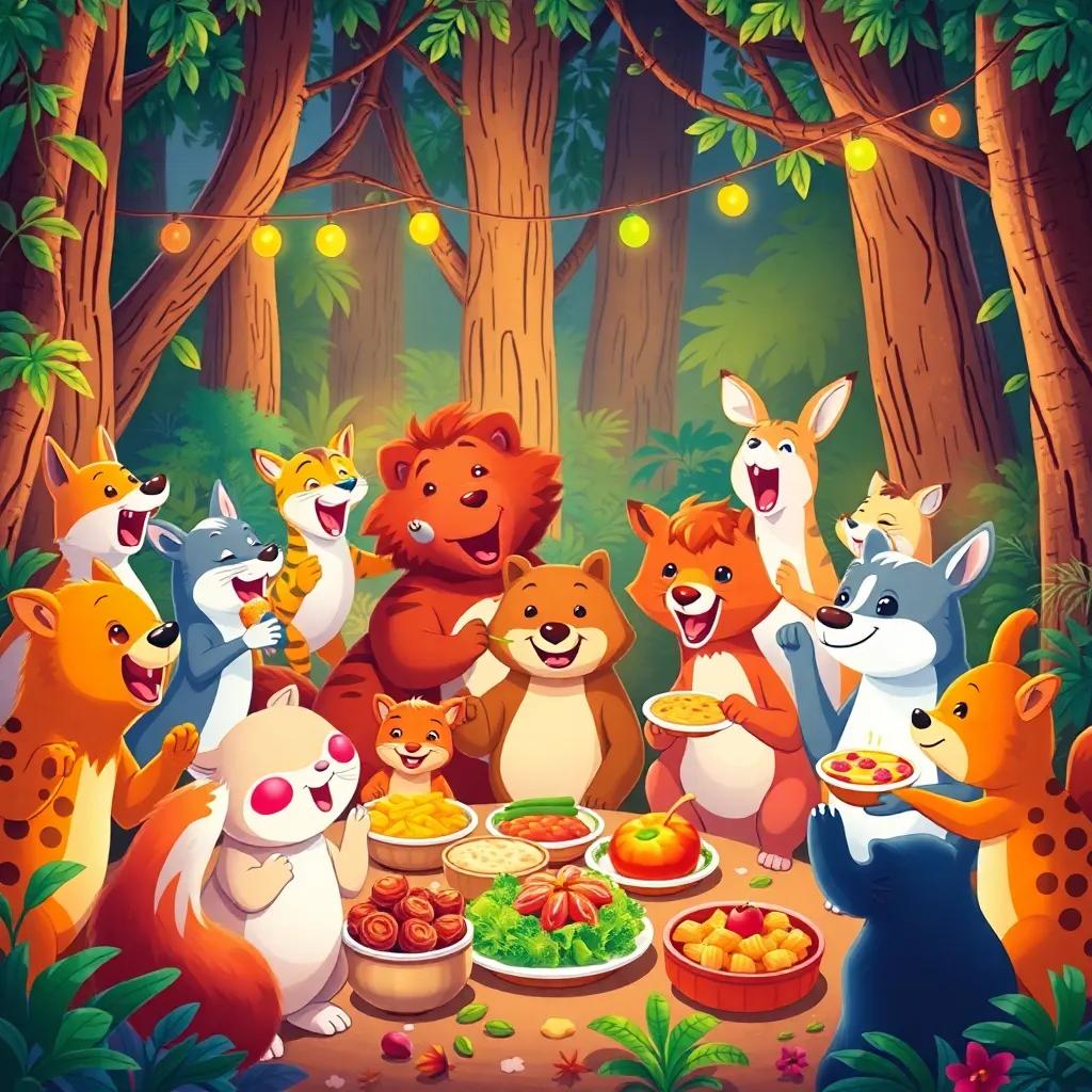 Forest animals celebrating together with different foods, dance and laughter, colorful setting, joy and unity, all animals enjoying their unique dishes, vibrant illustration, overall happy atmosphere, high quality