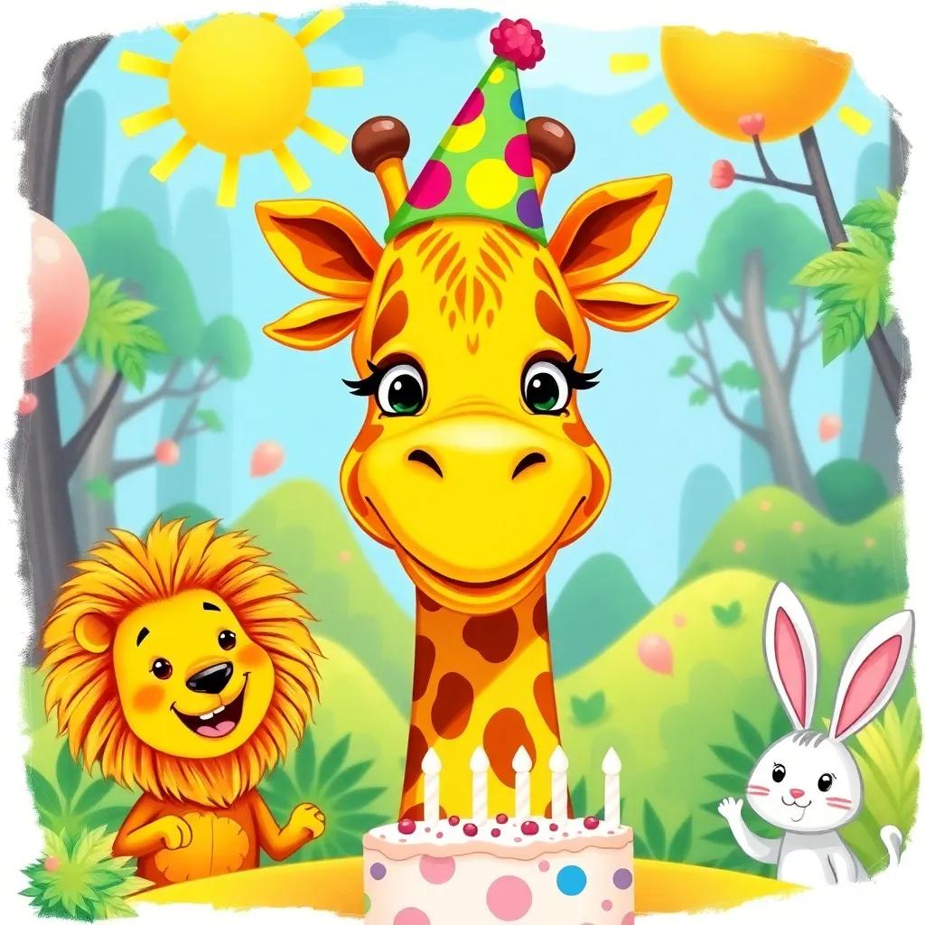 A cheerful giraffe, Gigi, with a big smile, wearing a colorful party hat, surrounded by friends like a lion and a rabbit, having a birthday celebration in a sunny forest, vibrant colors, joyful atmosphere, fun, digital art, high quality