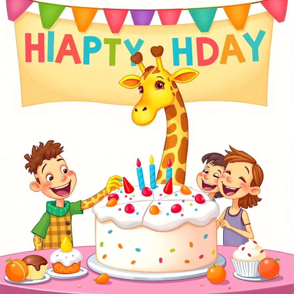 Gigi, the giraffe, joyfully dividing a giant cake with five friends, all smiling, under a large colorful banner, with tasty treats like pudding and tangerines around them, bright and cheerful, cartoon style, detailed, happy moment