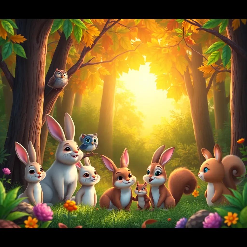 A vibrant forest scene with various animals like rabbits, owls, and squirrels coming together, with a bright sun shining through the leaves, digital art, colorful, cheerful atmosphere, warm light, detailed