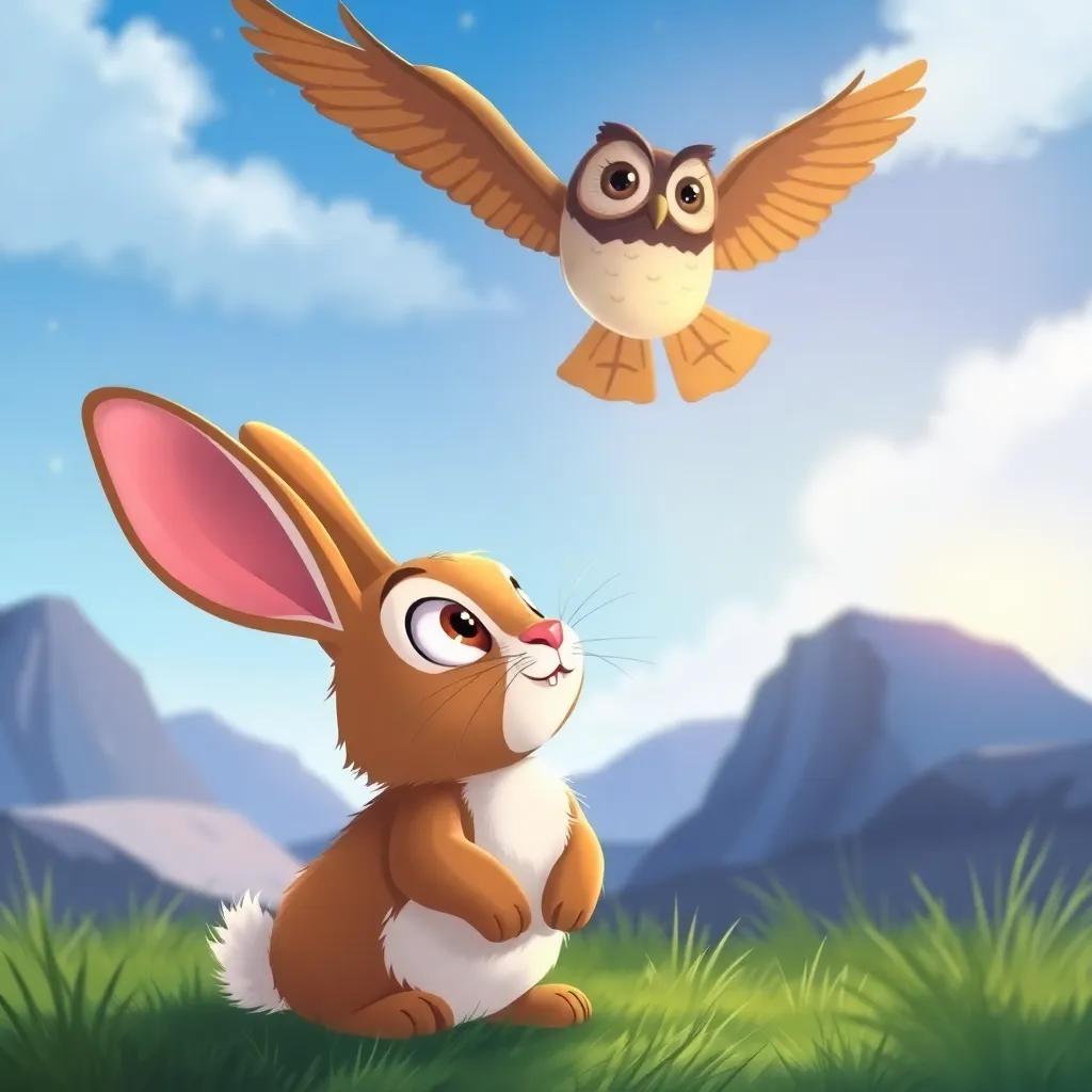 A curious rabbit looking up at a wise owl flying above, spotting something shiny in the distance, illustration, adventure-themed, friendly, child-safe, colorful