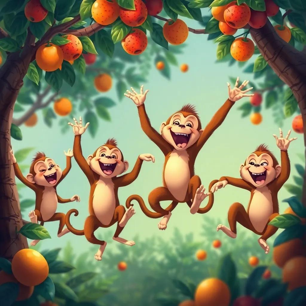 A group of mischievous monkeys dancing and celebrating in the treetops, surrounded by fruits, joy in the air, playful, bright colors, digital painting, fun and lively