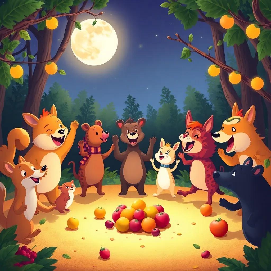 A joyful forest party with animals dancing under the moonlight, with fruits at the center of the celebration, illustration, warm colors, festive atmosphere, inviting vibe