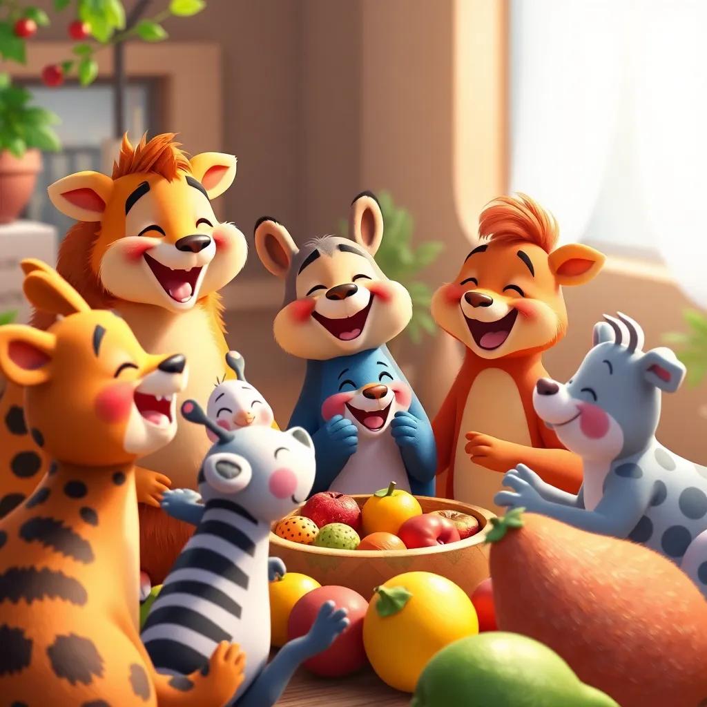 A scene of happy animals gathered around, sharing fruits with laughter and joy, showcasing the theme of sharing and friendship, bright and colorful, heartwarming, engaging