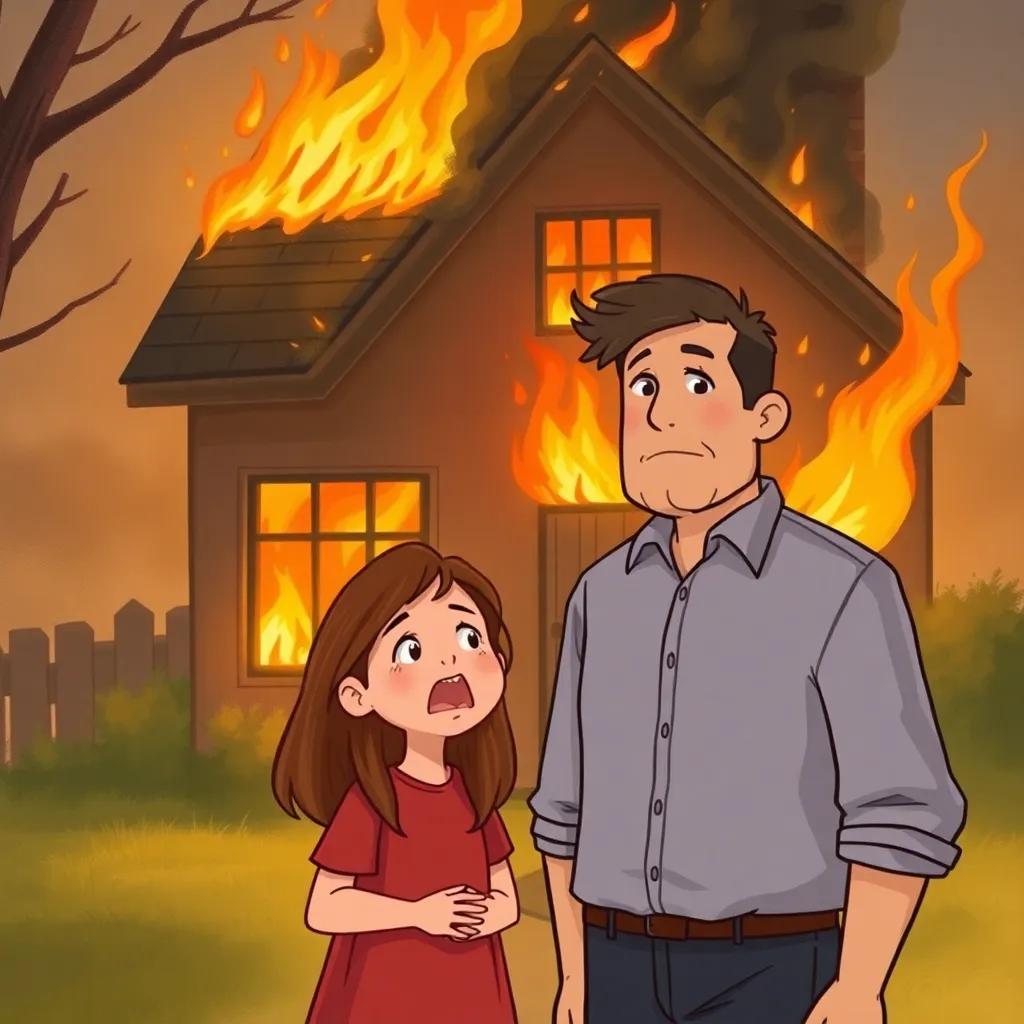 A heartbroken father, Mr. Thompson, standing in front of a burning house with flames and smoke, a young girl, Lily, with long brown hair, crying and screaming, emotional atmosphere, digital art, warm colors, high quality