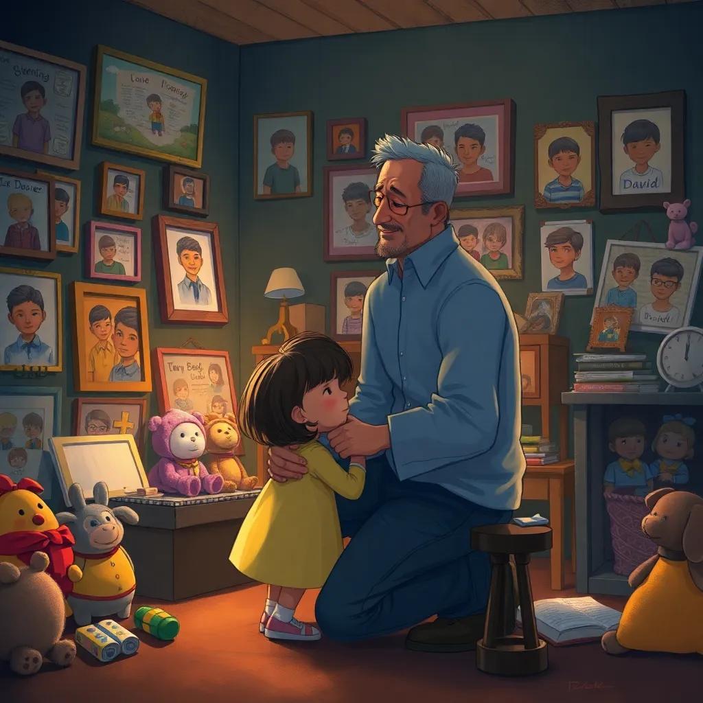 Mr. Thompson kneeling by his daughter, Lily, in a dark room filled with memories of a boy named David, surrounded by photographs and toys, sad yet hopeful atmosphere, comforting scene, warm lighting, emotional digital painting