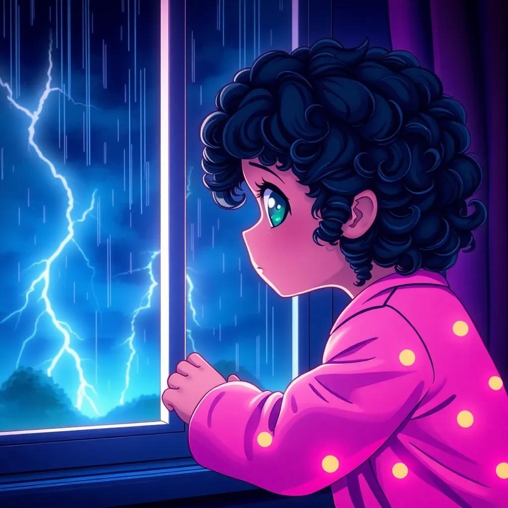 A young girl, Lina, with curly black hair wearing bright pajamas, looking out of a window during a stormy night with flashing lightning and raindrops, glow in her eyes, digital art, colorful, magical atmosphere, high quality