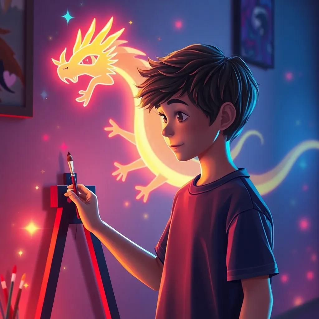 A young boy, Sam, with short wavy brown hair, wearing a cozy t-shirt, painting a glowing dragon on a wall with colorful paintbrushes in a dimly lit room, colorful sparkles and soft light around him, whimsical style, high quality