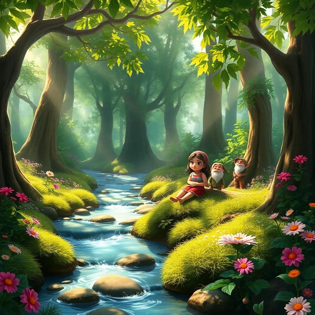 A beautiful magical forest scene with a clear stream, sunshine filtering through leaves, colorful flowers, and Branca de Neve sitting on a mossy log surrounded by seven dwarfs, digital art, vibrant colors, enchanting atmosphere, high quality