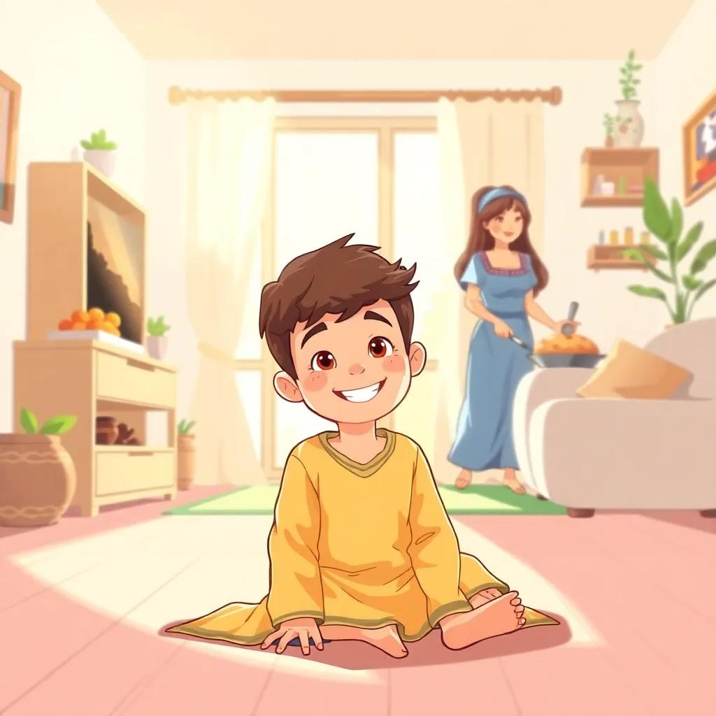 A young Middle-Eastern boy, Ali, sitting on the floor with a big smile, a sunny living room filled with light, a mother baking a pie in the background, warm colors, joyful atmosphere, high quality