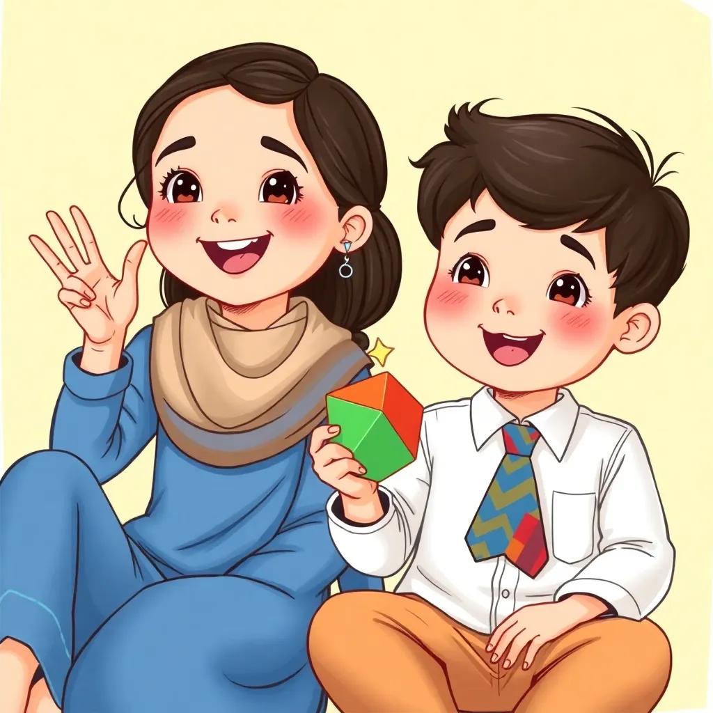 A young Middle-Eastern girl, Sara, cheering, with a colorful die in her hand, sitting next to her brother Omar who is wearing a funny tie, bright colors, cheerful setting, playful vibe, high quality