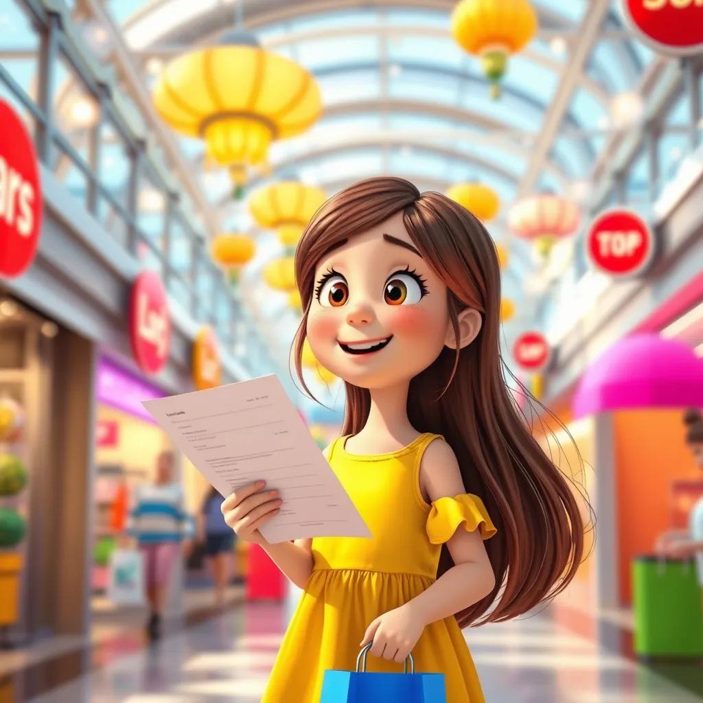 A sunny day at a shopping mall with bright lights and colorful stores, Lily, an eight-year-old girl, with long brown hair wearing a yellow dress, excitedly holding her shopping list, digital art, vibrant colors, cheerful atmosphere, high quality, close-up