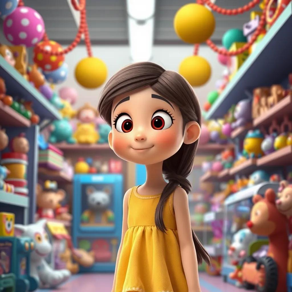 Lily, an eight-year-old girl with long brown hair wearing a yellow dress, standing in front of a bright toy store filled with toys and colorful decorations, looking excited, digital illustration, playful, lively atmosphere, high quality, mid-range