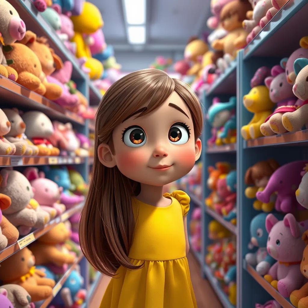 Inside a toy store, Lily, an eight-year-old girl with long brown hair in a yellow dress, exploring shelves filled with stuffed animals and dolls, wide-eyed and amazed, digital art, colorful, joyful environment, high quality, close-up