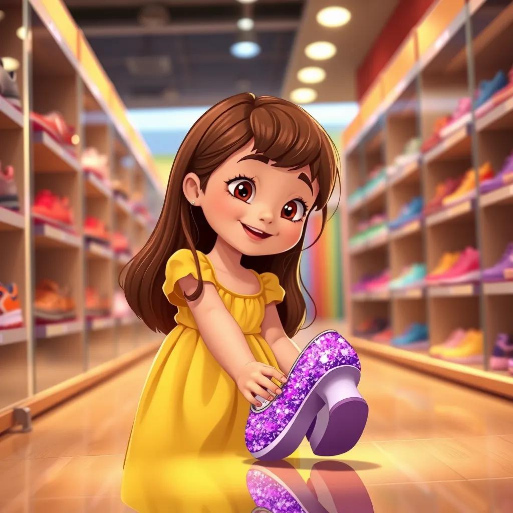 Lily, an eight-year-old girl with long brown hair in a yellow dress, trying on sparkling purple shoes in a shoe store, looking pleased and happy, bright store lights, digital illustration, warm colors, child-friendly, high quality, mid-range