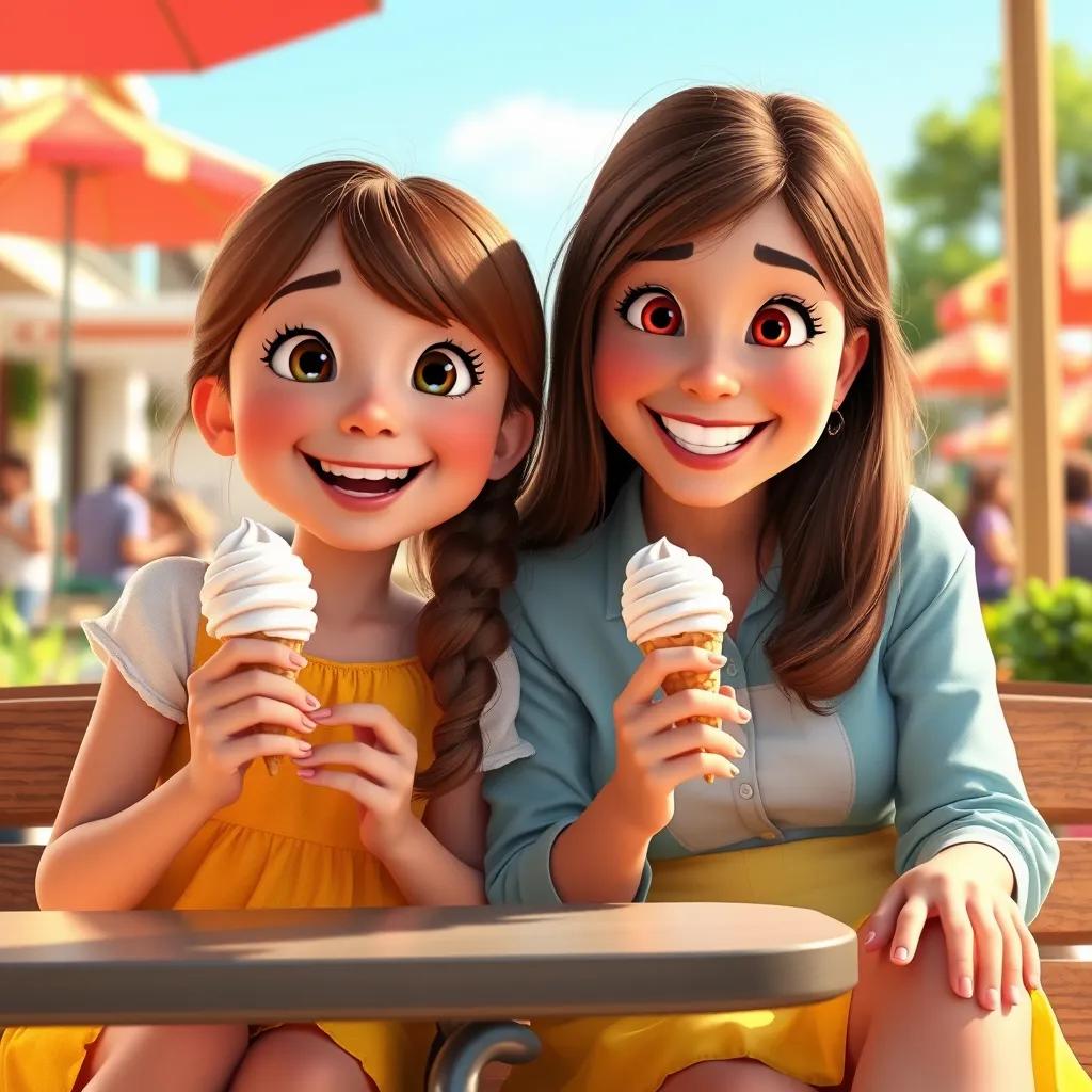 Lily, an eight-year-old girl with long brown hair in a yellow dress, sitting outside with her mom enjoying ice cream cones, bright sunshine and smiling faces, joyful scene, digital art, cheerful colors, warm atmosphere, high quality, wide angle
