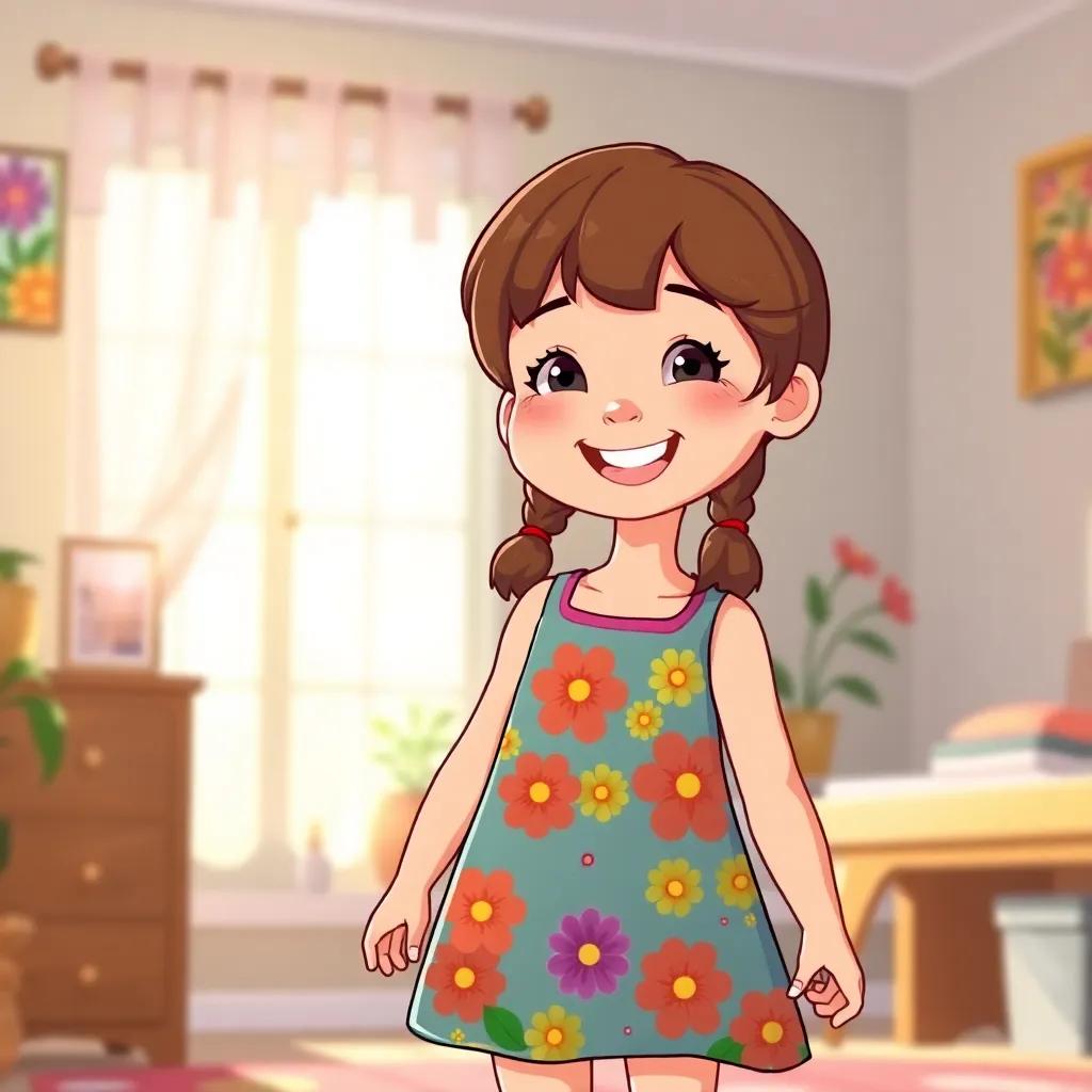 A cheerful little girl, Mia, with brown hair in pigtails wearing a colorful dress with bright flowers, standing in her sunny room, smiling with excitement, digital art, bright colors, warm light, joyful atmosphere, high quality