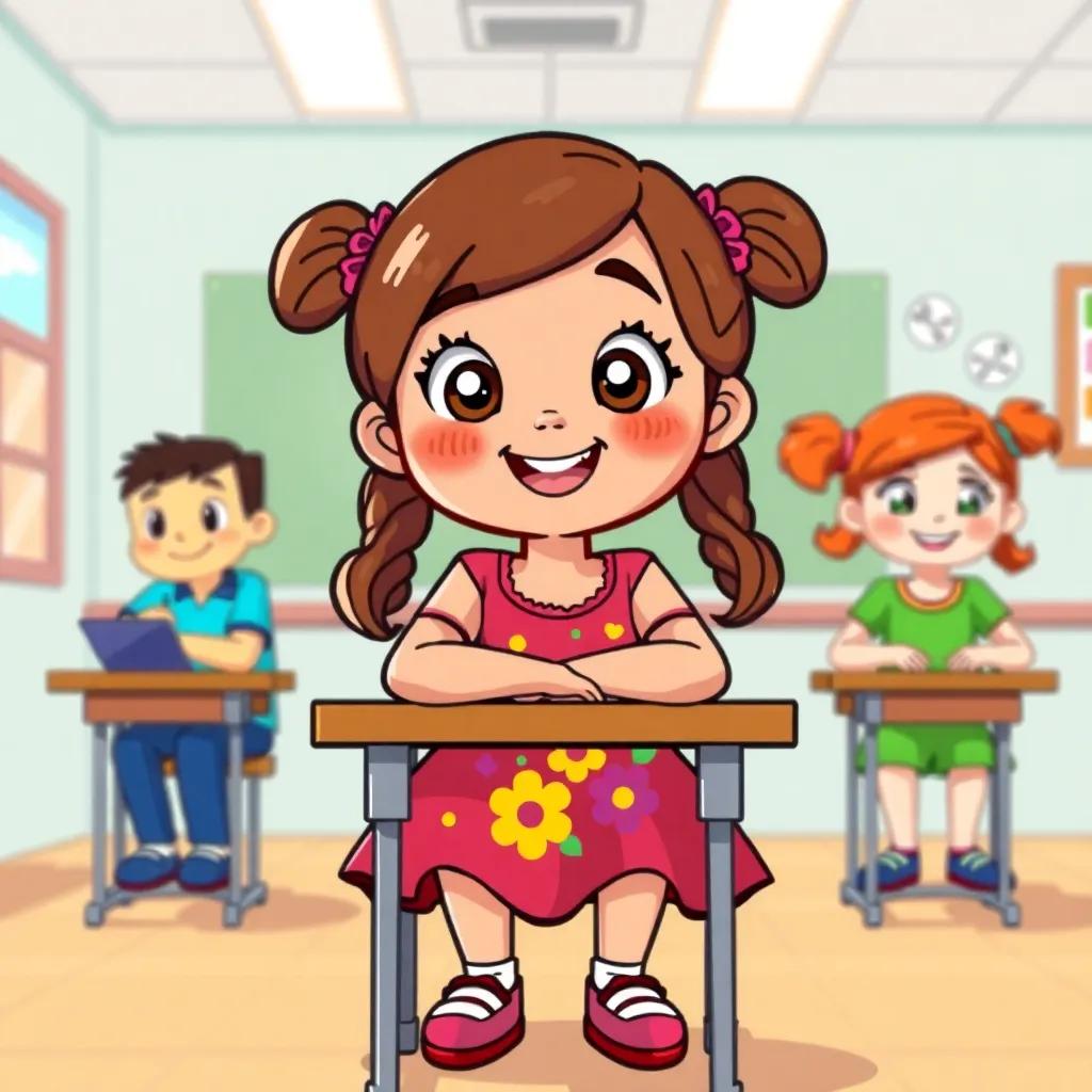 Mia, a cheerful little girl with brown hair in pigtails wearing a colorful dress with bright flowers, sitting at a desk with her friends Jake and Lily in a bright classroom, all looking determined and happy, illustration, friendly mood, colorful, child-friendly