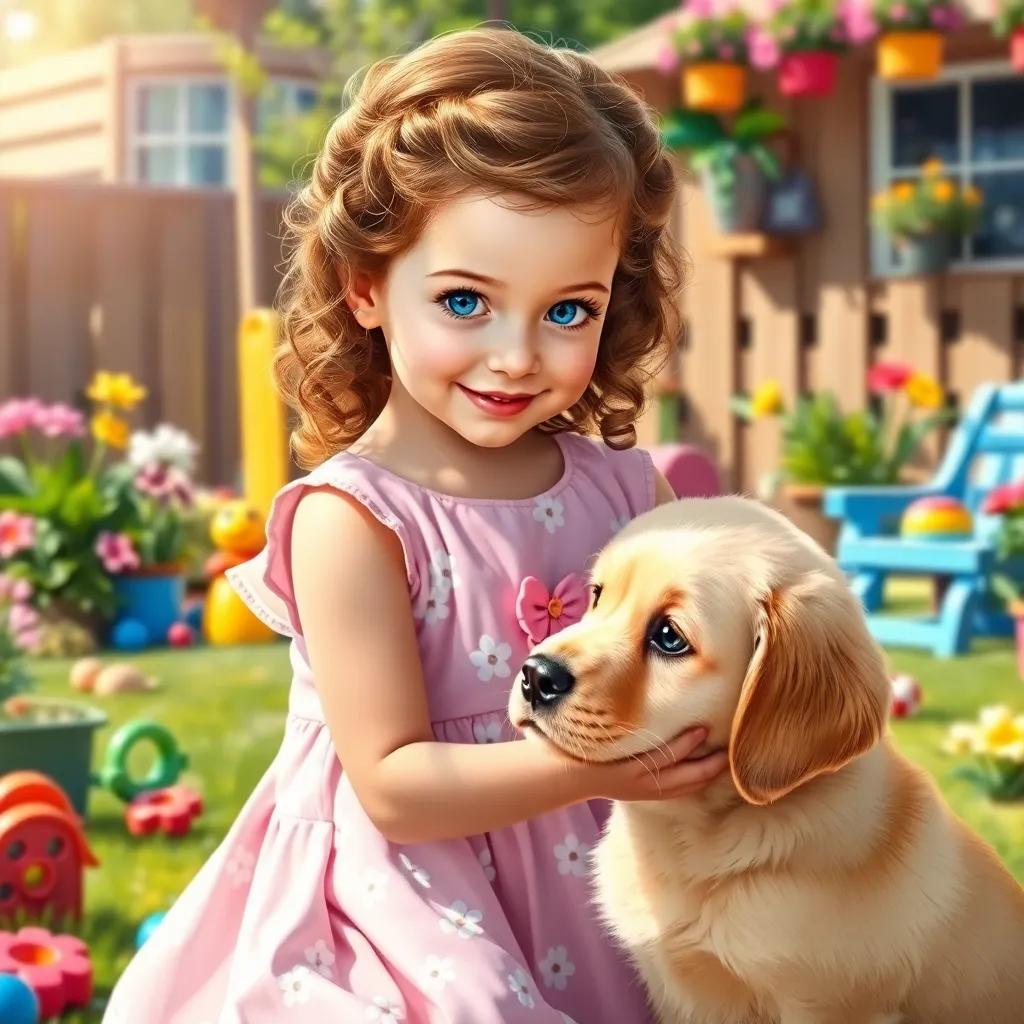 A young girl, Sofia, with curly brown hair and sparkling blue eyes, wearing a light pink dress with white flowers, playfully looking at her golden retriever puppy, Lua, in a colorful backyard filled with toys and flowers, bright sunny day, cheerful atmosphere, digital art, vibrant colors, warm light, high quality
