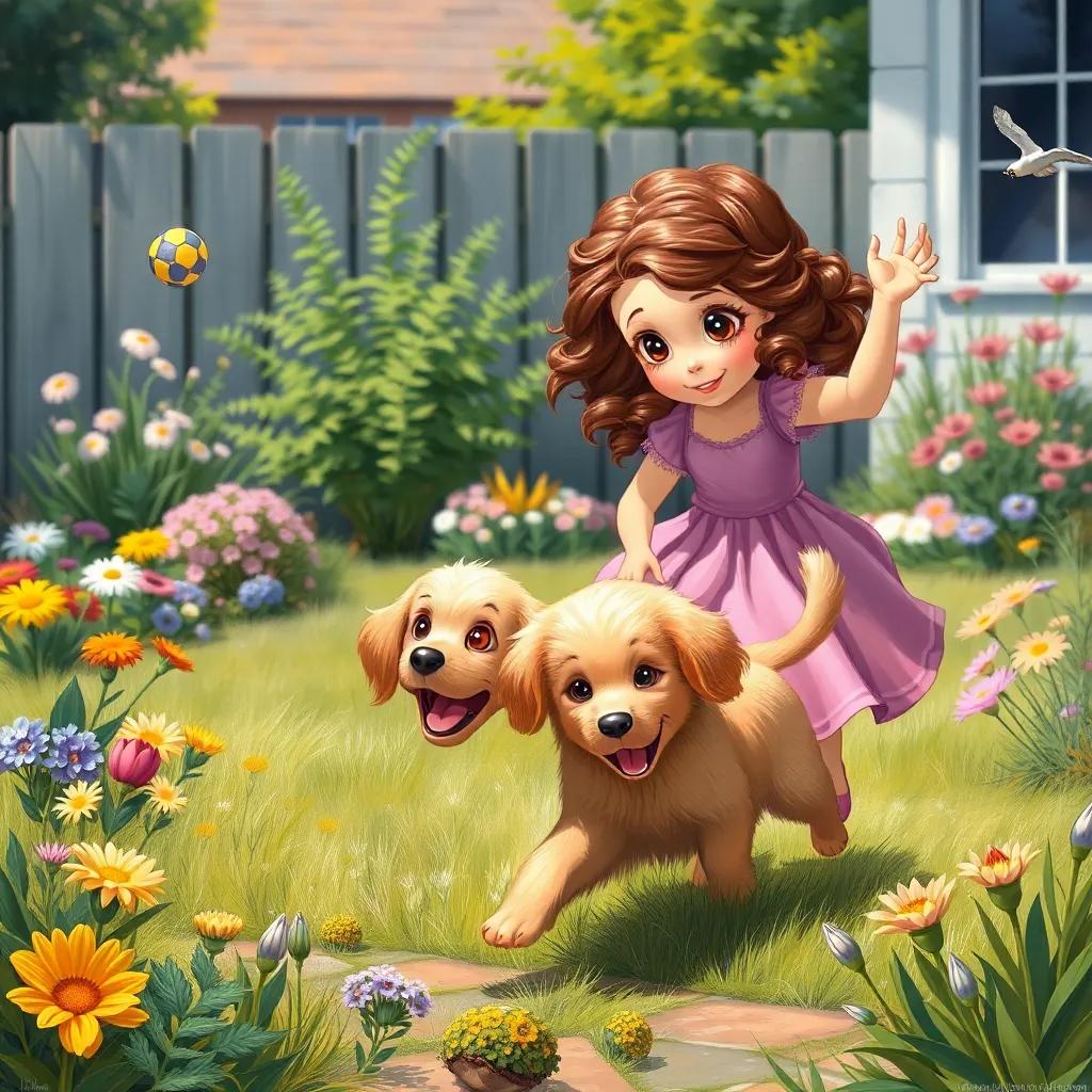 Sofia, a young girl with curly brown hair in a pink dress, throwing a toy while Lua, a playful golden retriever puppy with shiny gold fur, joyfully runs after it in the backyard, surrounded by colorful flowers and grass, sunny weather, dynamic scene, child-friendly, illustration, uplifting