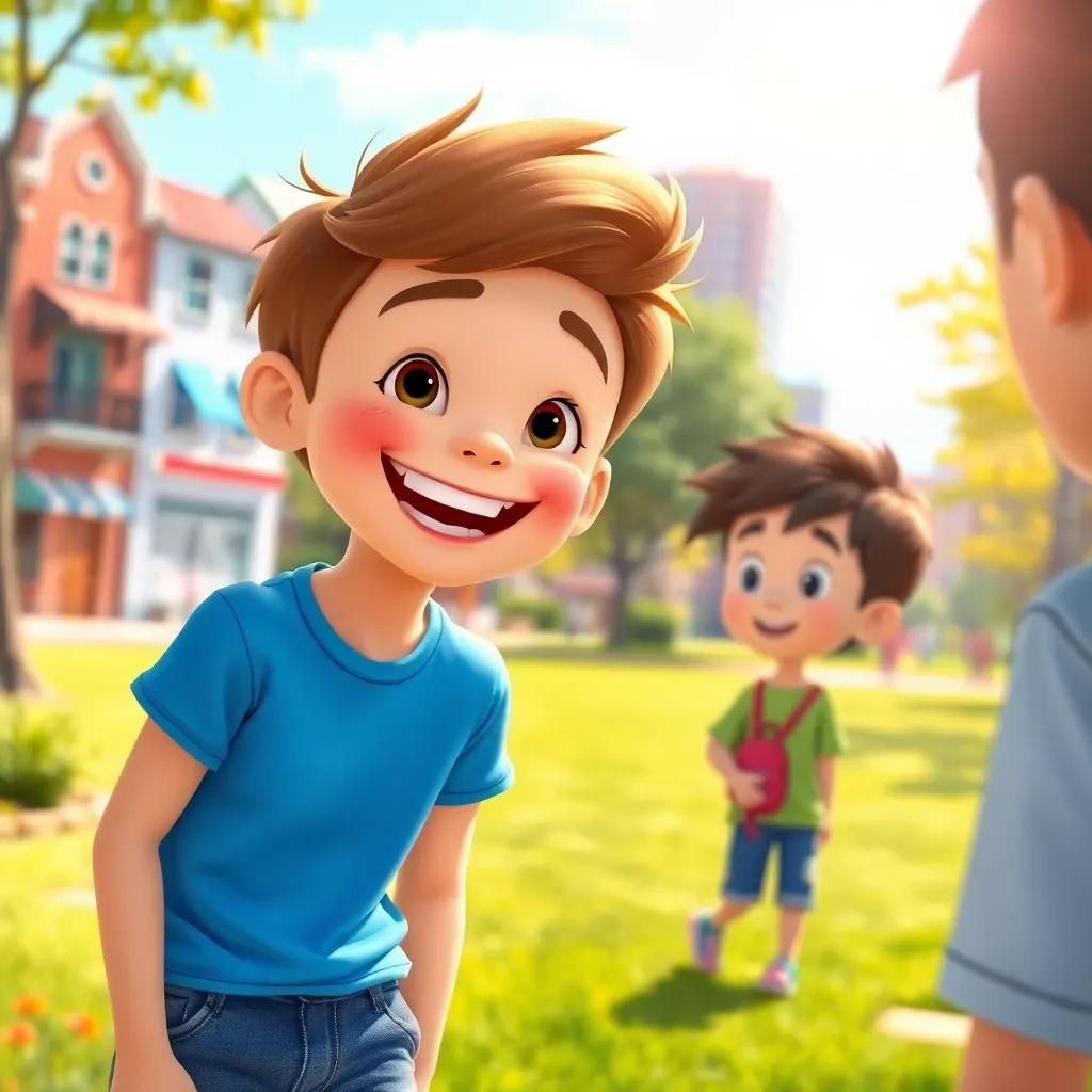 A cheerful boy named Sam, with short brown hair, wearing a blue t-shirt and denim shorts, smiling brightly in a sunny town park while talking to another boy, digital art, vibrant colors, sunny atmosphere, cheerful mood, high quality
