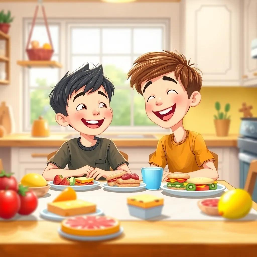 Two boys, Sam and Tom, sitting at a kitchen table with colorful fruits and sandwiches, laughing, the kitchen is bright and inviting, detailed illustration, warm colors, cozy environment, child-friendly