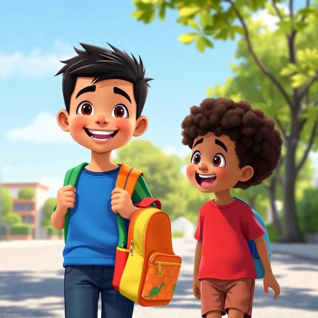 Derick, a young boy with short black hair, wearing a blue t-shirt and jeans, smiling brightly while holding a colorful backpack, walking to school with Zion, a boy with curly brown hair, wearing a red shirt and shorts, excitedly talking about dinosaurs, sunny day, cheerful atmosphere, digital art, vibrant colors, child-friendly character design, high quality