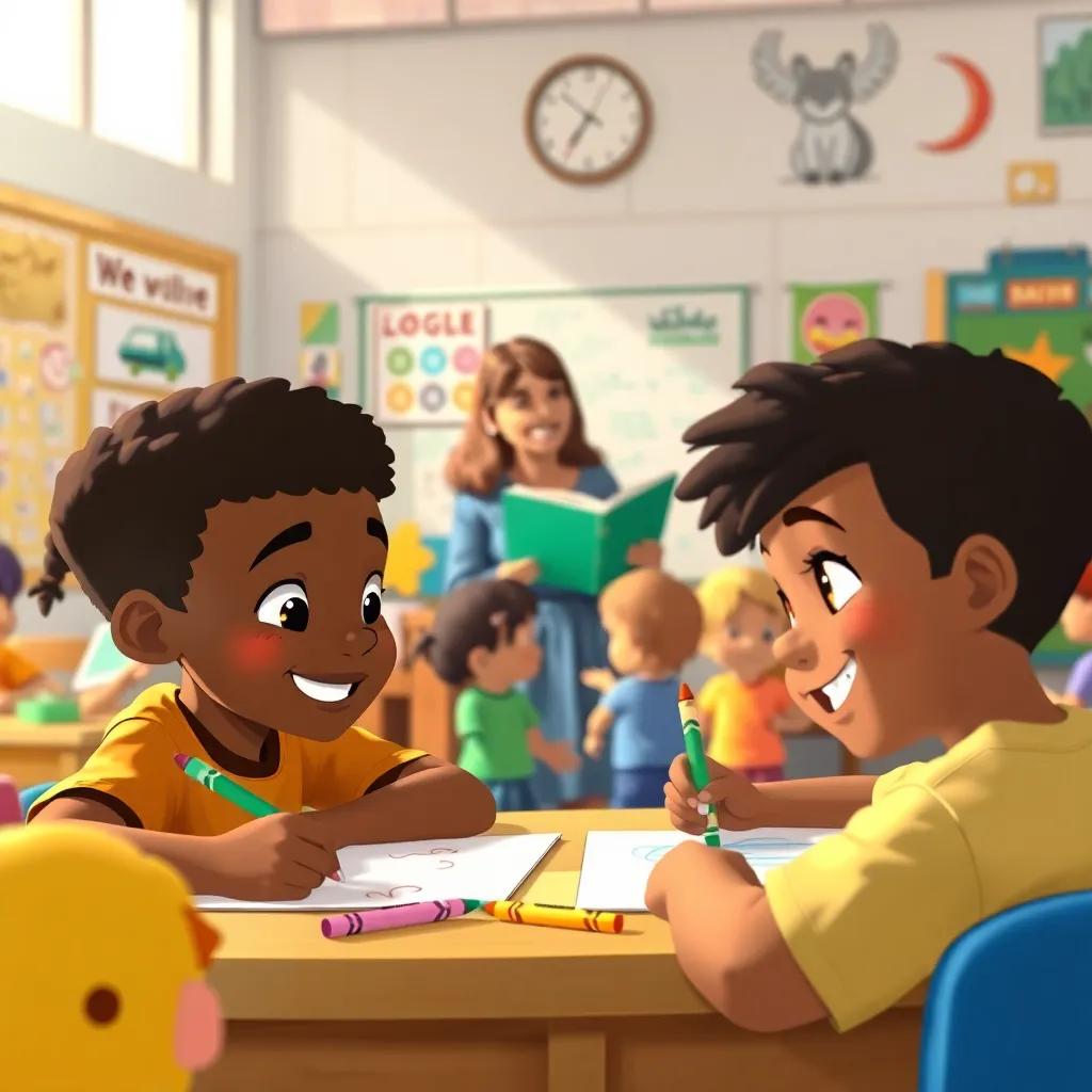 Derick and Zion in their classroom, drawing with crayons, surrounded by colorful drawings and cheerful friends, the teacher smiling as she reads a story, bright classroom with educational posters, happy children, digital illustration, warm and inviting light, engaging environment, high quality