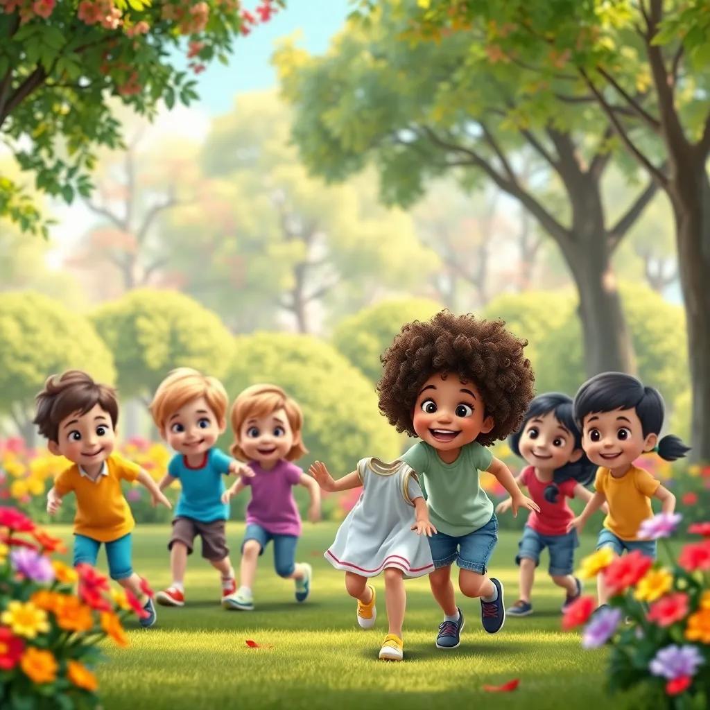 A group of cheerful children playing in a lively park, surrounded by trees and colorful flowers, with Carolina, a young girl with curly hair and a bright smile, leading the game, vibrant colors, joyful atmosphere, high quality