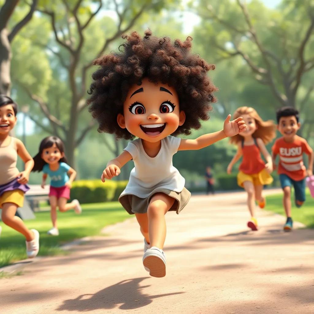 Carolina, an energetic girl with curly hair and a big smile, running happily in a park while playing Pira Pega with her friends, showing laughter and excitement, cheerful, lively scene, digital art, bright colors, high quality