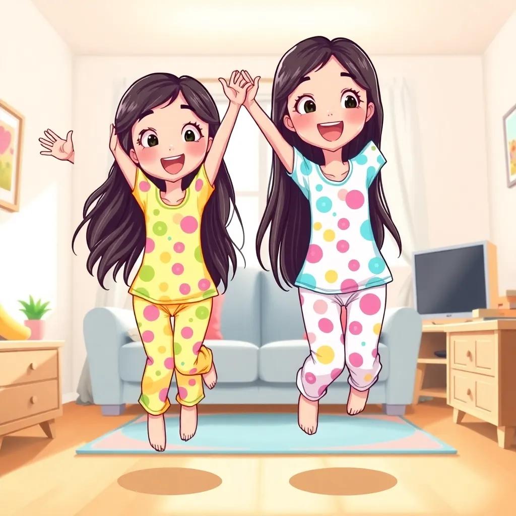 Two cheerful girls, Malu and Bia, with long dark hair, wearing colorful pajamas, jumping excitedly in their living room, with bright sunlight streaming in, digital art, vibrant colors, joyful atmosphere, high quality