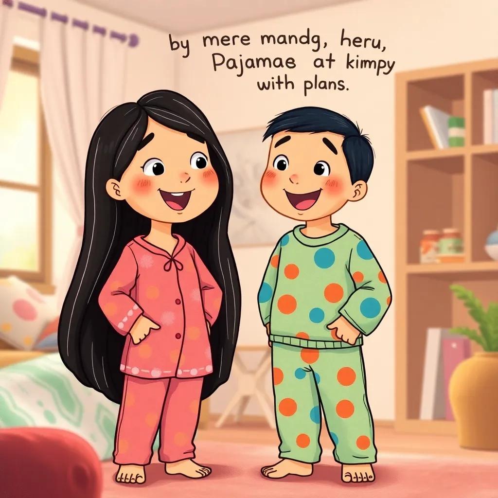 Malu and Bia, with long dark hair, in colorful pajamas, standing excitedly by their dindo and dinda, smiling and discussing their pajama party plans, home setting, warm light, friendly environment, detailed, heartwarming atmosphere