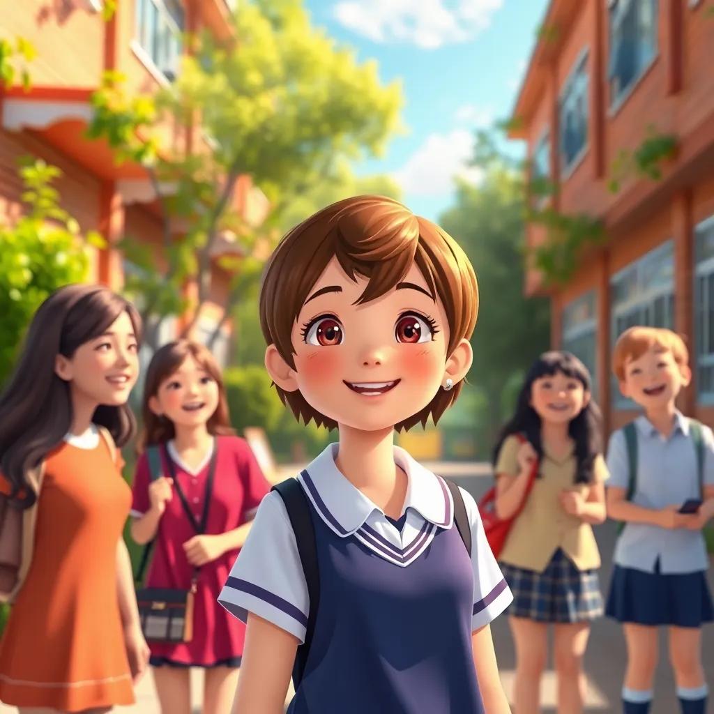 A young girl, Amanda, with short brown hair and wearing a school uniform, standing in a schoolyard with her friends laughing, the sun shining bright, happy atmosphere, digital art, vibrant colors, cheerful perspective, high quality