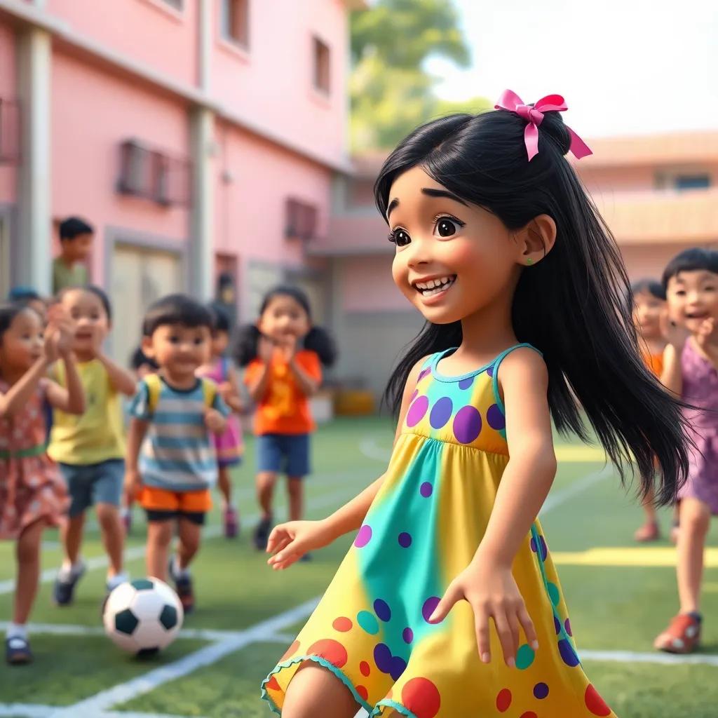 A young girl, Sônia, with long black hair and wearing a bright colorful dress, smiling while playing soccer with Amanda in a schoolyard, surrounded by other children cheering, playful environment, action shot, joyful essence, vivid colors, high quality