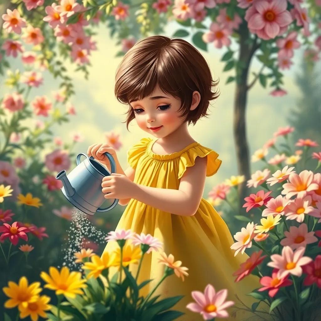 Mia, a little girl with short brown hair in a yellow dress, watering flowers with a small watering can, surrounded by colorful blooms, bright sunlight, warm and inviting atmosphere, digital art, playful scenery