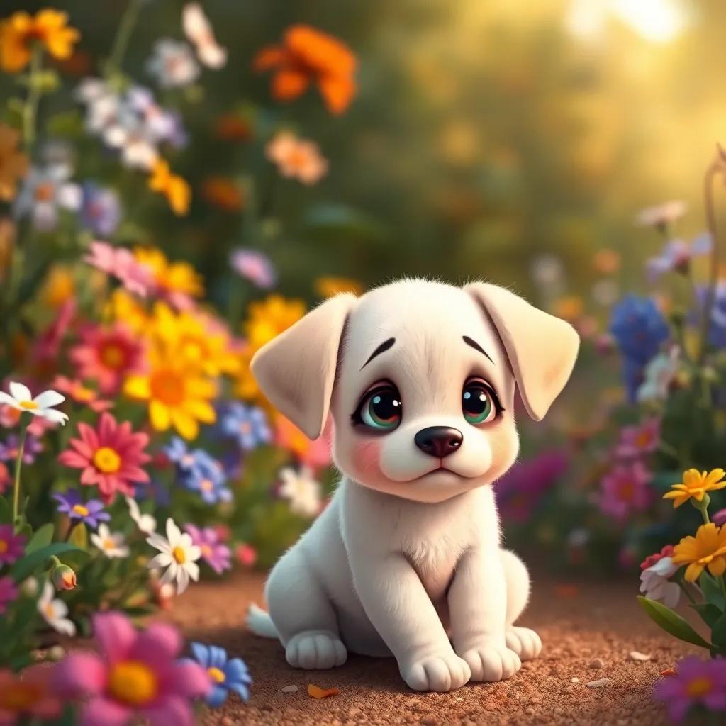 A cute little puppy Lila, with soft fur and big ears, sitting in a colorful garden filled with flowers, looking sad and crying, digital art, detailed, soft colors, warm atmosphere, high quality