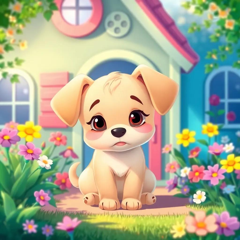 Lila, a cute little puppy, with soft fur and big ears, in a beautiful colorful house with a lovely garden full of flowers, feeling sad and alone, illustration, vibrant colors, cheerful environment, child-friendly