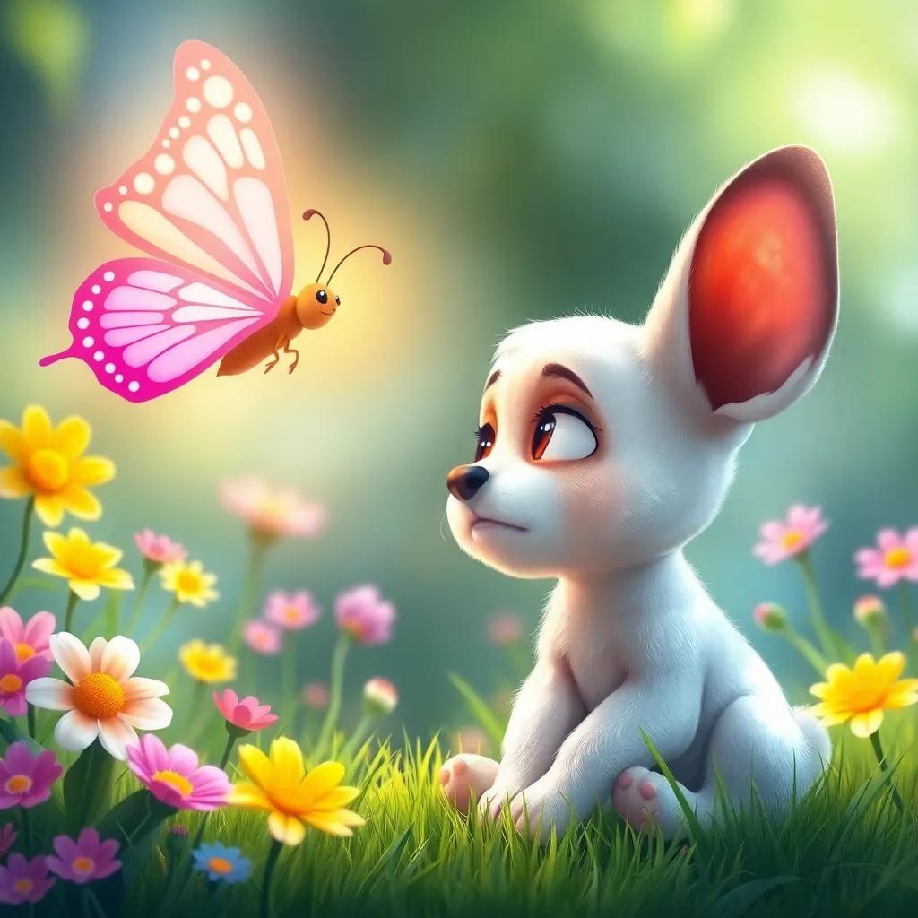 A bright butterfly flying near Lila, a little puppy with soft fur and big ears, asking her why she is sad, surrounded by colorful flowers and green grass, digital painting, uplifting atmosphere, engaging for children