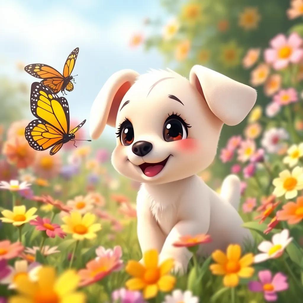 Lila, a cute little puppy, with soft fur and big ears, happily following a butterfly in a colorful garden, joyful and full of hope, surrounded by flowers, cheerful colors, friendly style