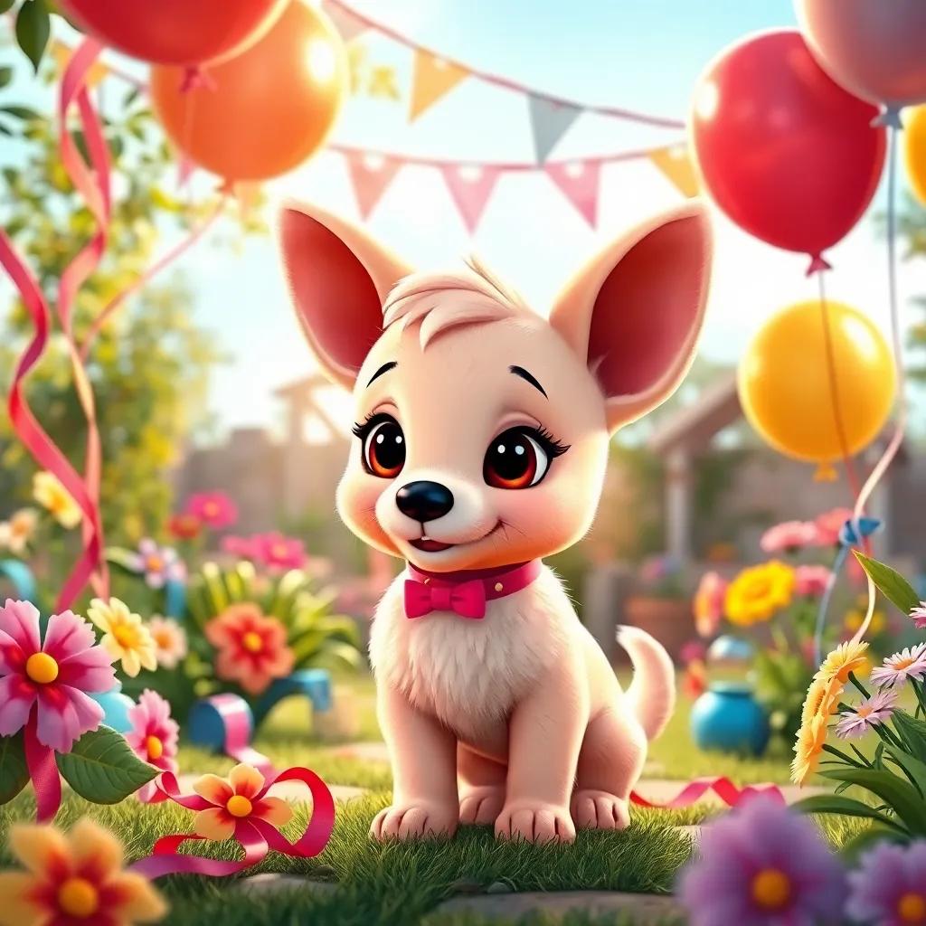 Lila, a little puppy, with soft fur and big ears, decorating the garden for a party with ribbons and balloons, colorful and festive ambiance, warm sunlight, inviting view, lively atmosphere
